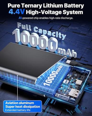 Aaoyun Portable Charger Power Bank, 10000mAh 22.5W PD Super Fast Charging Powerbank with Built-in USB C in&Out Cable, Slim External Phone Battery Pack for iPhone 17/16 Samsung S24 etc (Grey) - Image 4