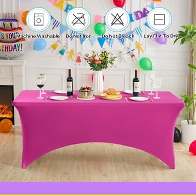 Heochy 2 Pack 6FT Table Cloth for Rectangle Tables - Hot Pink Tablecloth Rectangular Fitted Stretch Spandex Table Covers 6 ft for Birthday, Cocktail, Wedding, Banquet Valentines Party - Image 2