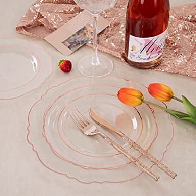 Liacere 150PCS Rose Gold Plastic Plates - Clear Rose Gold Disposable Plates with Glitter Bamboo Handle Cutlery - 60 Baroque Elegant Plates, 30 Forks, 30 Spoons, 30 Knives for Thanksging day&Chrismas - Image 5