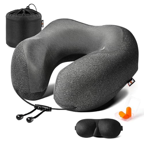 MLVOC Travel Pillow 100% Pure Memory Foam Neck Pillow, Comfortable & Breathable Cover, Machine Washable, Airplane Travel Kit with 3D Contoured Eye Masks, Earplugs, and Luxury Bag, Standard (Black) - Image 1