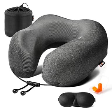 MLVOC Travel Pillow 100% Pure Memory Foam Neck Pillow, Comfortable & Breathable Cover, Machine Washable, Airplane Travel Kit with 3D Contoured Eye Masks, Earplugs, and Luxury Bag, Standard (Black) - Image 1