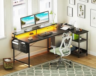 ODK 66 Inch Gaming Desk with USB Charging Ports and LED Lights, Reversible L Shaped Computer Desk with Storage Shelves & Monitor Stand, Corner Gamer Desk Table with Power Outlets, Carbon Fiber Black - Image 9