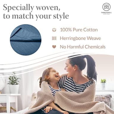 Threadmill Luxury Cotton Blankets for King Size Bed | All-Season Cozy 100% Cotton King Size Blanket | Herringbone Soft Fall Thermal Blanket fits Cal King Size Bed | Folkstone Blue - Image 3