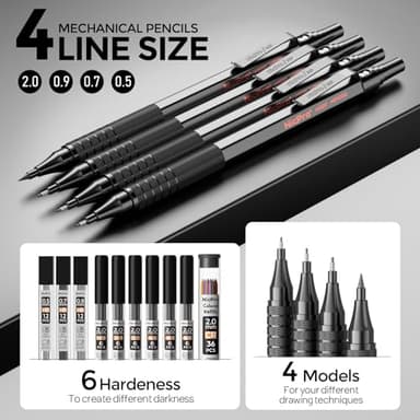 Nicpro 30PCS Black Metal Mechanical Pencil Set in Leather Case, Art Drafting Pencil 0.5, 0.7, 0.9 mm, 2mm Lead Pencil Holders for Sketching Drawing With 16 Tube (6B 4B 2B HB 2H 4H Colors)Lead Refills - Image 2