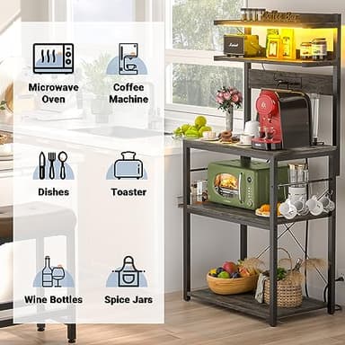 Aheaplus Bakers Rack with Power Outlet, Microwave Stand, 5 Tiers Coffee Bar Station with Led Lights, Kitchen Storage Shelf with 6 S-Shaped Hooks, Kitchen Rack for Spices, Pots and Pans, Black Oak - Image 6