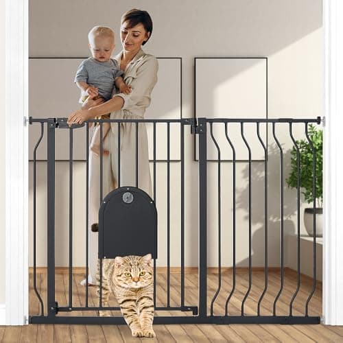 COMOMY 29.5-48.4" Baby Gate with Adjustable Cat Door,Extra Wide Metal Cat Gate for Stairs Doorways, Auto Close Dog Gate with Pet Door for House, Pressure Mounted Easy Walk Through (30" Tall, Black) - Image 1