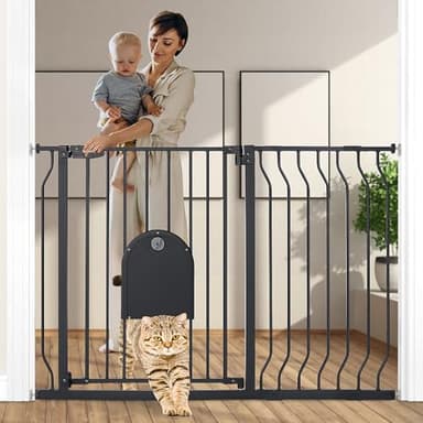 COMOMY 29.5-48.4" Baby Gate with Adjustable Cat Door,Extra Wide Metal Cat Gate for Stairs Doorways, Auto Close Dog Gate with Pet Door for House, Pressure Mounted Easy Walk Through (30" Tall, Black) - Image 1