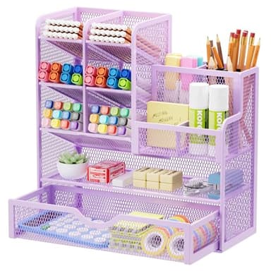 Marbrasse Mesh Pen Holder for Desk, Multi-Functional Pencil Organizer with Drawer, Desk Organizers and Accessories for Office Art Supplies (Purple) - Image 1