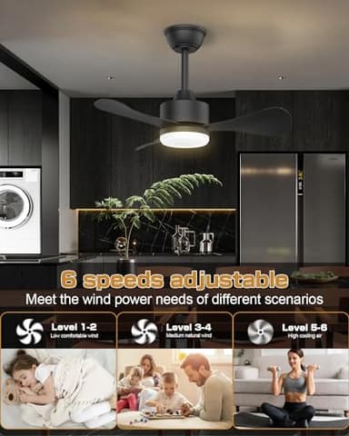 Hisummer 28 Inch Black Ceiling Fan with Light and Remote, Small Modern Reversible 6-Speed Fan for Bedroom, Kitchen, Patio, Indoor/Outdoor - Image 2