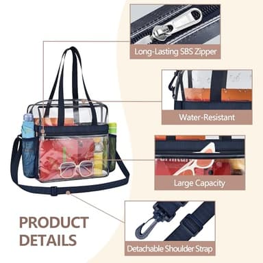 Lyingflat Clear Bag for Stadium Events, 12x6x12 Stadium Approved Clear Tote Bag with Adjustable and Detachable Strap, Navy - Image 5