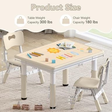 Kids Study Table and Chairs Set, Height Adjustable Toddler Table and Chair Set for Kids Ages 3-8, 31.5" L x 23.6" W Graffiti Desktop Plastic Children Art Table with 2 Seats, Burlywood - Image 3