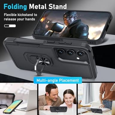 for Samsung Galaxy S25 Plus/S24 Plus Case with Screen Protector+Camera Lens Protector,Heavy Duty Shockproof Full Body Protective Cover Built in Rotatable Metal Ring Holder Kickstand,2025 Black Matte - Image 2