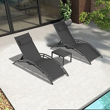 PURPLE LEAF Patio Chaise Lounge Set of 3 Outdoor Lounge Chair Beach Pool Sunbathing Lawn Lounger Recliner Chiar Outside Tanning Chairs with Arm for All Weather, Side Table Included, Black - Image 3