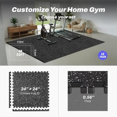 AIRHOP 0.56in Thick 48 Sq Ft Exercise Equipment Mats, 12 Tiles Upgraded Rubber Top with High Density EVA Foam, Large Interlocking Puzzle Gym Flooring for Home Gym, Heavy Weight Workout, 24 x 24in - Image 4