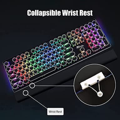 RK ROYAL KLUDGE S108 Typewriter Keyboard, Retro Mechanical Gaming Keyboard Wired 108 Keys with RGB Backlit Sidelight, Detachable Wrist Rest, Round Keycaps Blue Switches - Black - Image 3