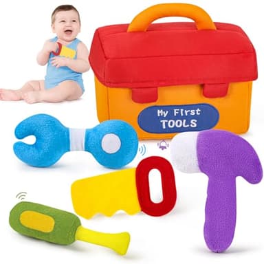 KMUYSL Baby Toys 6-12 Months, My First Tools Plush Toys -4 Pcs Sensory Playset Soft Toys with Squeaker Crinkle for 6-9-12 Months Newborn Infant, Birthday Christmas Gifts for Boys Girls - Image 1
