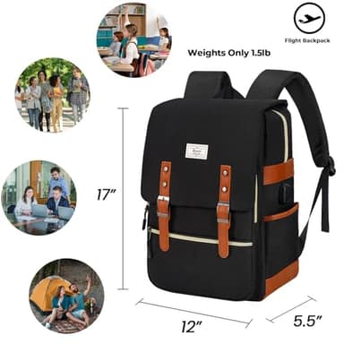 Ronyes Vintage Laptop Backpack for Women Men,15.6 inch Bookbag Casual Daypack with USB Charging Port for College Work, Black Backpacks - Image 2