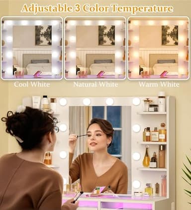 HUAHUU Vanity Desk with Mirror and Lights, Makeup Vanity Desk with Lights 3 Colors, Transparent Top Vanity with 2 RGB Drawers, 6 Shelves, Large Tempered Cabinet, Power Outlet, for Bedroom, White - Image 5
