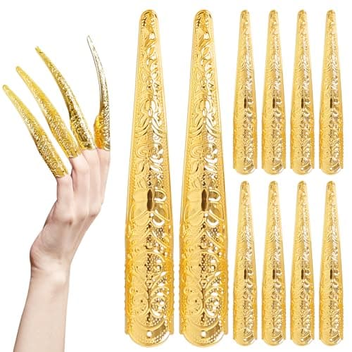 10PCS Long Finger Claws Fake Nail Rings Adjustable Women Halloween Costume Accessories Vampire Cosplay Gold - Image 1