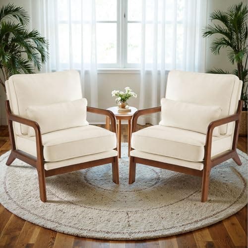 Sweetcrispy Accent Mid Century Modern Chairs with Pillow Set of 2, Upholstered Lounge Armchair, Linen Fabric Comfy Reading Chair with Wood Frame for Living Room, Bedroom, Beige - Image 1