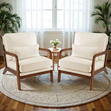 Sweetcrispy Accent Mid Century Modern Chairs with Pillow Set of 2, Upholstered Lounge Armchair, Linen Fabric Comfy Reading Chair with Wood Frame for Living Room, Bedroom, Beige - Image 1
