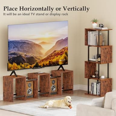 Furologee 6 Tier Bookshelf, Tall S Shaped Geometric Bookcase, Modern Display Shelf Standing Unit, Wood Metal Decorative Divider Rack for Living Room Bedroom Office, Rustic Brown - Image 4