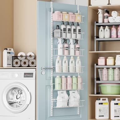Delamu Adjustable Cabinet Door Organizer, 6-Tier Hanging Spice Rack Organizer, Metal Over the Door Pantry Organizer, Pantry Organizers and Storage Shelves for Kitchen Bathroom Laundry Room, White M - Image 9