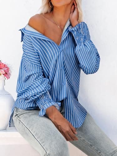 Gleeivy Puff Long Sleeve Button Down Striped Shirt Casual Oversized Boyfriend Tunic V Neck Collar High Low Hem Dressy Business Fashion Clothes Office Work Fashion Spring Outfits Blue Striped Small - Image 4