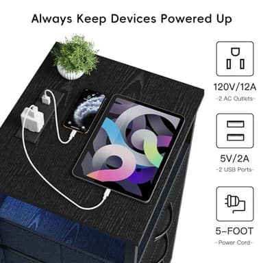 Fixwal Night Stand with Charging Station, LED Nightstand with U-S-B Ports and Outlets, 3 Fabric Storage Drawers with PU Finish, Bedside Table, Black - Image 5