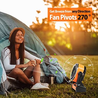20000mAh Camping Fan, Rechargeable Battery Operated with 360° Rotatable Hook, 400 Lumes Light, 270° Pivot, 4 Speeds, 58Hrs Battery Powered Fan for Outdoor Tent Car Trip BBQ Hurricane Power Outages - Image 4