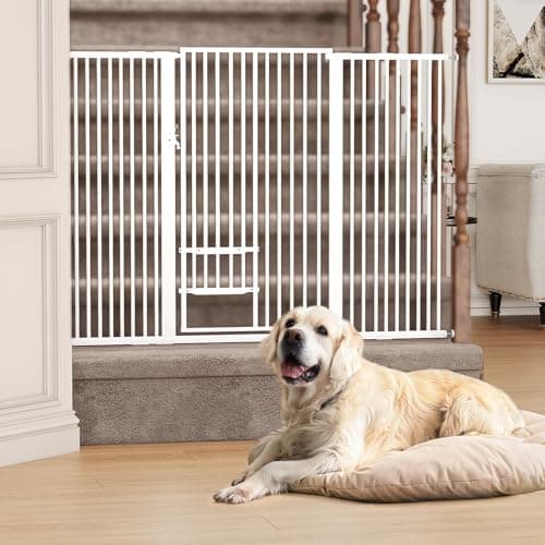 YITAHOME Extra Tall 55" High Metal Dog Gate with Cat Door, 29.5"- 62.5" Wide Auto Close Pet Gate Indoor for Stairs, Doorways, House, No Drilling Pressure Mount, Sturdy, White - Image 1