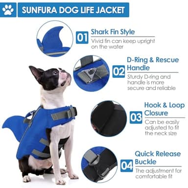 SUNFURA Dog Life Jacket Shark Life Vest for Dogs, Adjustable Swmming Vest with High Buoyancy, Safety Lifesaver with Rescue Handle for French Bulldog Small Medium Breeds, Dark Blue M - Image 4