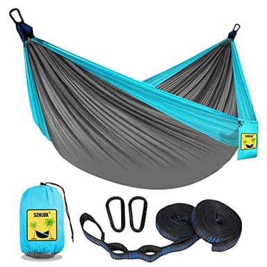 SZHLUX Camping Hammock Double & Single Portable Hammocks with 2 Tree Straps and Attached Carry Bag,Great for Outdoor,Indoor,Beach,Camping,Light Grey / Sky Blue - Image 1