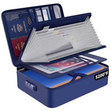 ENGPOW 5200℉ Fireproof File Organizer Bag with 13 Pocket Accordion File Folder,Document Organizer Box with Lock&Labels,Multi-Layer Portable Home Travel Safe Storage Box for Important Documents,Blue - Image 1