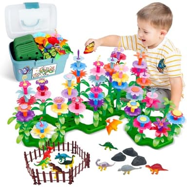 Leetous Birthday Toys Gifts for Toddlers Boys Girls Age 2 3 4 5 6,167 PCS Dinosaur Flower Garden Building Blocks,STEM Fine Motor Skill Stacking Games, Birthday Gifts for Preschool Kids 2+ Years Old - Image 1