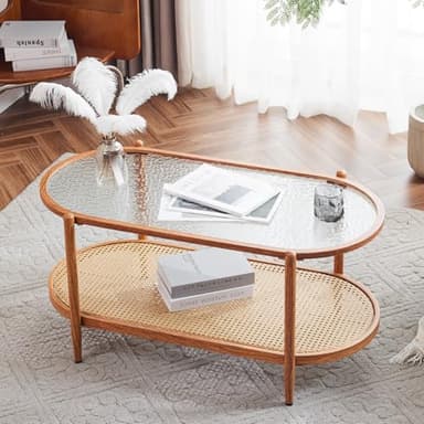 VINGLI 38" Rattan Oval Coffee Table, Water-Wave Glass Metal Center Table, Modern Coffee Table with 2-Tier Storage, Farmhouse Coffee Table for Living Room and Small Space, Natural Vibe - Image 8