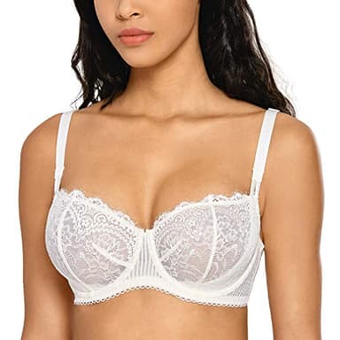 DOBREVA Women's Sexy Lace Push Up Plus Size Bra Sheer Balconette Underwire Unlined Ivory_Eyelash lace 34A - Image 5