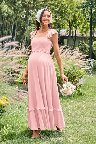 OUGES Womens 2025 Summer Maternity Baby Shower Dress Casual Boho Maxi Smocked Maternity Photoshoot Dresses Ruffle Sleeve Square Neck Gender Reveal Long Dress Pregnancy Must Have Clothes (Pink,L) - Image 5