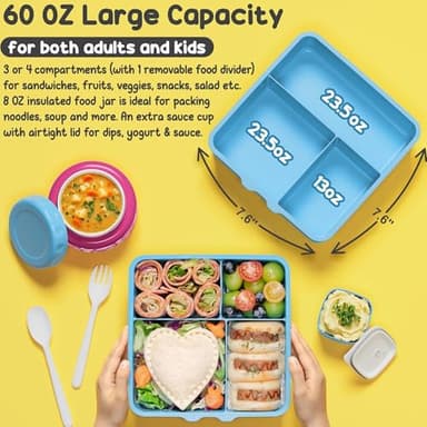 Fimibuke Bento Box for Kids Adult with Thermos, 3-4 Compartment 60OZ Toddler Lunch Box Container with Leakproof 8OZ Insulated Food Jar, Sauce Jar, Utensil for School Boy Girl, BPA-Free Dishwasher Safe - Image 3