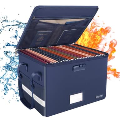 ENGPOW File Box with Lock, Fireproof Document Box with Zipper＆Pockets, Collapsible File Organizer Filing Storage Cabinet with Handle, Portable Home Office Safe for Hanging Letter/Legal Folder, Blue - Image 1