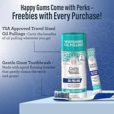 GuruNanda Gum Hygiene Makeover Kit with Ashwagandha & Cocomint (Travel Size) Oil Pulling, Neem Toothpaste, Breath Harmonizer Mouthwash, 2-in-1 Floss Picks & Whitening Toothbrushes - Image 5