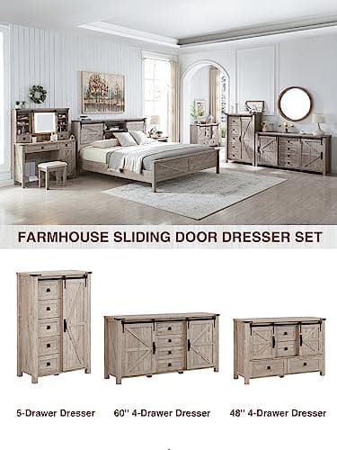 T4TREAM 48'' Farmhouse Dresser for Bedroom w/4 Drawers & Sliding Barn Doors, Tall Chest of Drawers, Rustic Dresser TV Stand w/Shelf, Organizer for Bedroom, Living Room, Foyer,Light Rustic Oak - Image 7