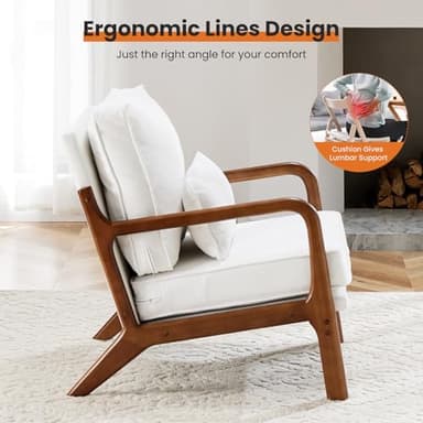 Sweetcrispy Accent Mid Century Modern Chairs with Pillow Set of 2, Upholstered Lounge Armchair, Linen Fabric Comfy Reading Chair with Wood Frame for Living Room, Bedroom, White - Image 6