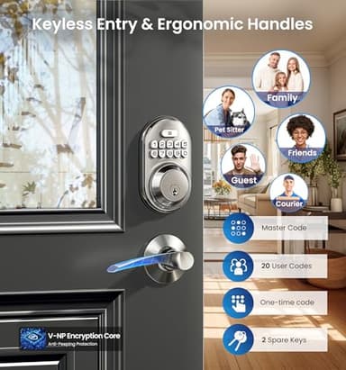 Veise Keyless Entry Door Lock with 2 Lever Handles - Electronic Keypad Deadbolt, Auto Lock, Back Lit & Easy Installation Design, Front Door Handle Sets, Satin Nickel - Image 2
