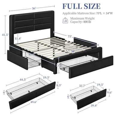 Yaheetech Full Size Bed Frame with 2 USB Charging Stations/Port for Type A&Type C/3 Storage Drawers, Leather Upholstered Platform Bed with Headboard/Solid Wood Slat Support/No Box Spring Needed/Black - Image 2