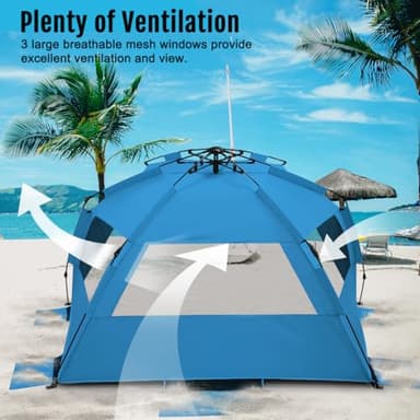 WhiteFang XL Pop Up Beach Tent Sun Shade Shelter for 3-4 Person with Blackout Shelter, UV Protection, Extendable Floor with 3 Ventilating Windows Plus Carrying Bag, Stakes, and Guy Lines (Solid Blue) - Image 3