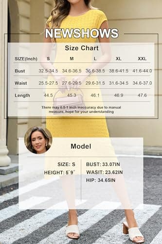 Newshows Women Summer Dresses 2025 Teacher Outfits Work Midi Boat Neck Cap Sleeve Butter Yellow Hollow Knit Modest Business Casual Elegant Classy Sweater Dress(Yellow,M) - Image 6