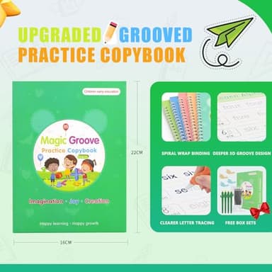 Magic Groove Practice Copybook for Kids, Reusable Writing Practice Book, Grooved Handwriting Book Set for Kids Ages 3-8 Calligraphy 5.59 * 7.91 (5 Medium Books with Cactus Pens & Gift Box) - Image 2