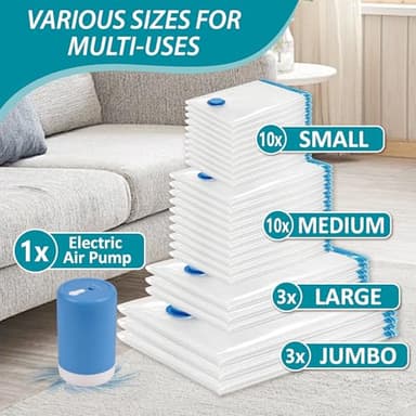 Cozy Essential 26 Pack Vacuum Storage Bags with Portable Electric Pump, Vacuum Seal Space Saver Bags for Clothing, Pillows, Blanket, Bedding, Comforters - Image 4