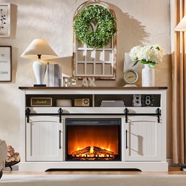 OKD Farmhouse Fireplace TV Stand for 70 Inch TV, 33" Tall Highboy Entertainment Center w/Electric Fireplace, Rustic Media Console w/Sliding Arched Door for Living Room,Antique White - Image 3